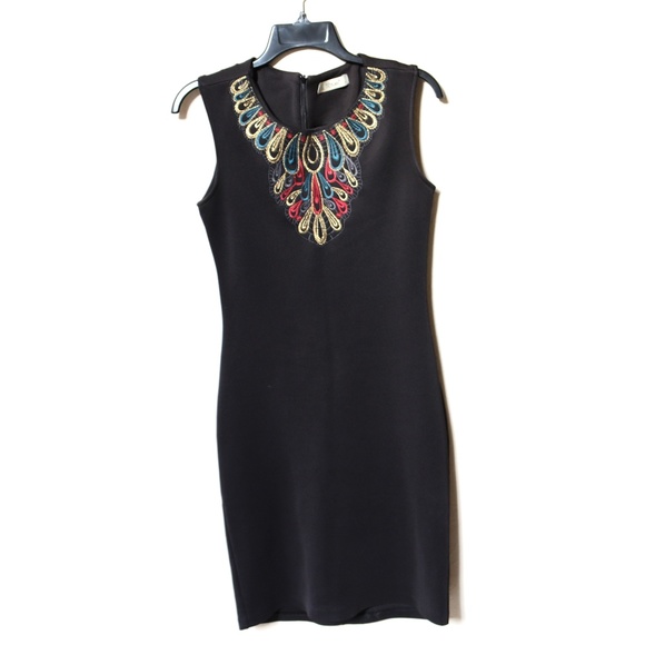 Stretch Thick Fabric Embroidered Black Dress - Picture 1 of 3